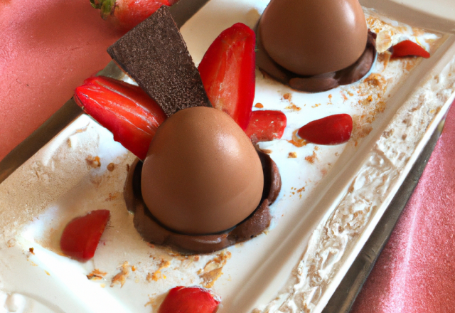 Mousse aux fraises servies dans des œufs en chocolat