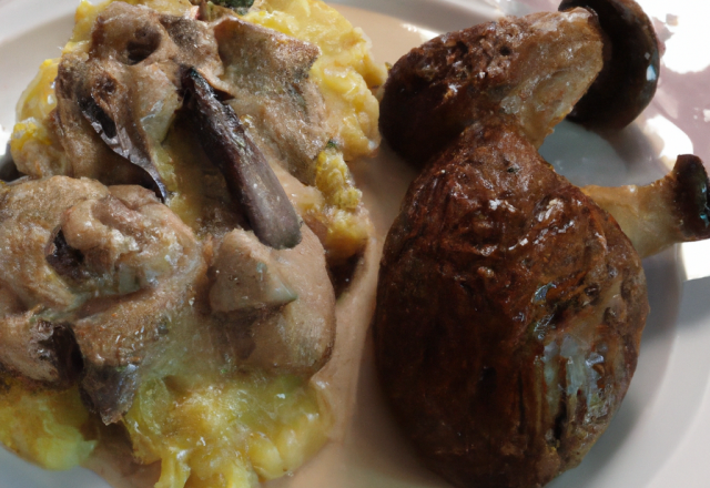 Chapon au boudin, aux morilles et au macvin du Jura