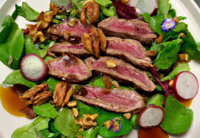 Plancha de magret de canard, salade de chicons aux noix