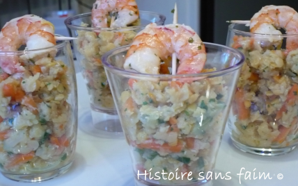 Verrines lentilles corail et crevettes roses au citron