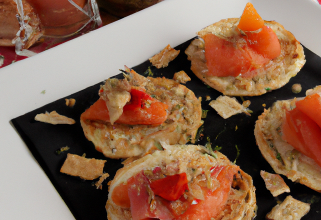 Filet de saumon et tomate séchée sur un blinis au pistou, tuile au parmesan