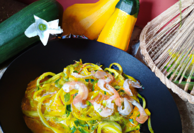 Spaguetti de courgettes avec crevettes au curry