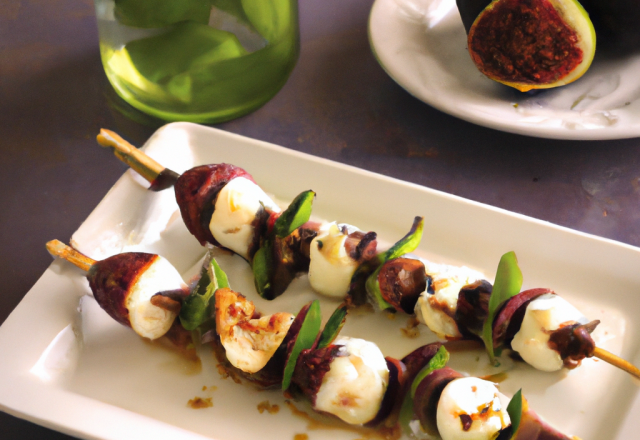 Brochettes de figues, basilic et mozzarella