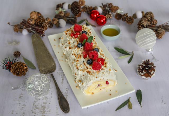 Bûche roulée, crème pâtissière à l’huile d’olive et fruits rouges