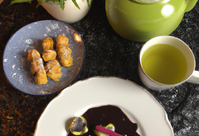 Tempura de bananes, perles de chocolat au wasabi et thé vert