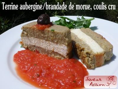 Terrine d'aubergine et de brandade de morue, coulis de tomate crue