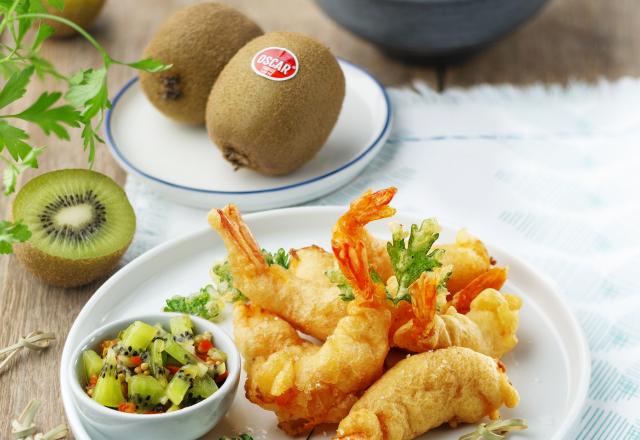 Tempura de gambas et chutney de kiwi