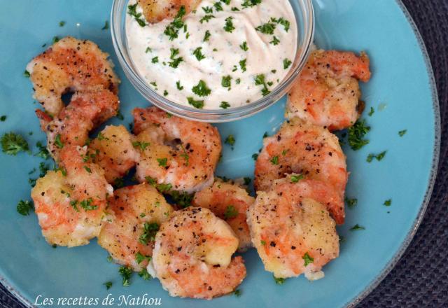 Gambas croustillantes, sauce curry et piment d'Espelette