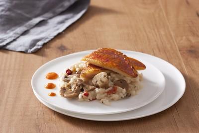 Risotto aux Champignons de Paris, aubergines grillées et poivrons rouges, filet de rouget et coulis de poivron