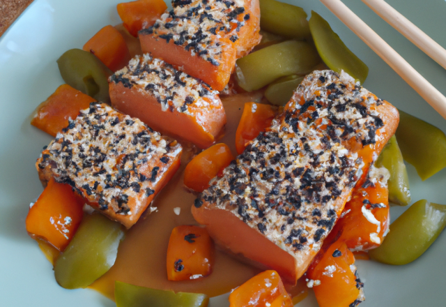 Saumon laqué maison, sésame et pois cassés au poivre chinois