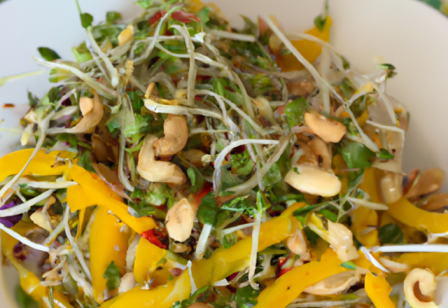 Salade de pousses de soja, mangue et noix de cajou et sa vinaigrette acidulée