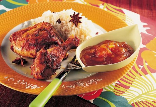 Cuisses de poulet à la tahitienne avec riz coco et chutney à la mangue