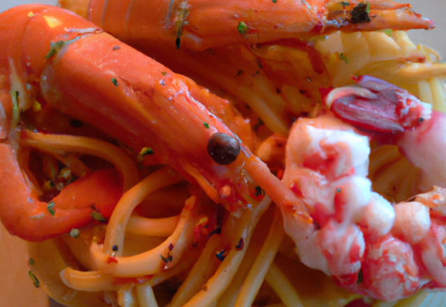 Duo de langoustines et gambas enrobe rouge sur nid de spaghettis