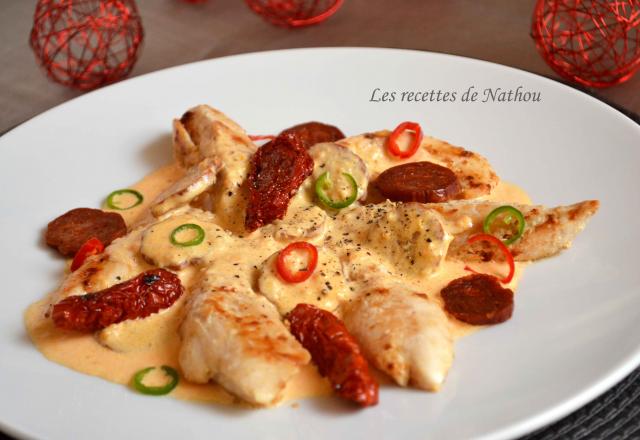 Aiguillettes de poulet, sauce crémeuse au chorizo