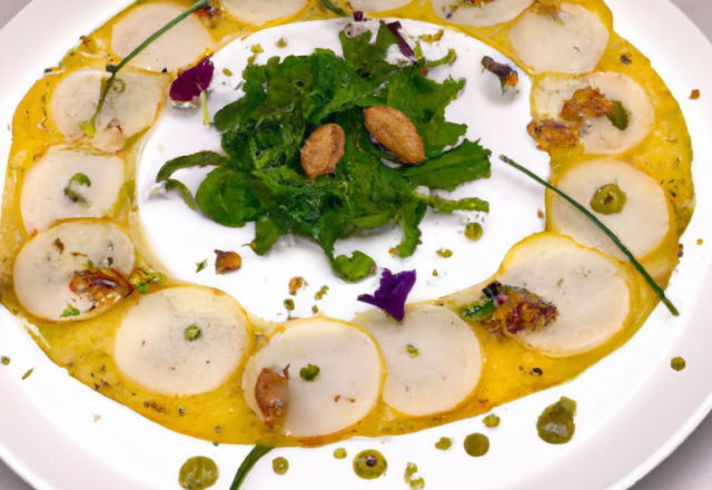 Carpaccio de noix de Saint Jacques et poires vinaigrette aux algues