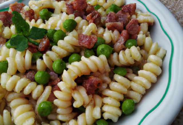 Fusilli aux petits pois et bacon