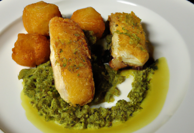 Filet de Merlu à la pistache et ses croquettes de poireaux gourmandes