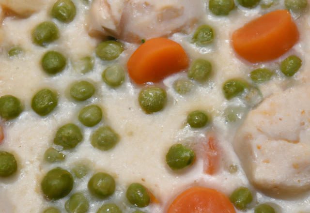 Nage de blancs de poulet, petits pois doux et carottes au lait de coco