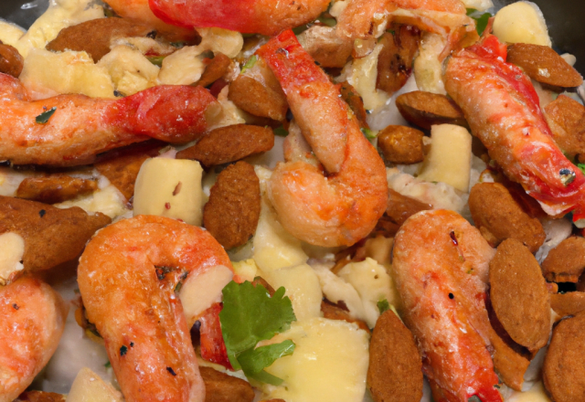 Aumônière de mozza, crevettes rouges et amandes