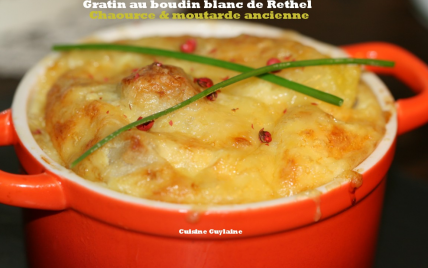 Gratin de boudin blanc de Rethel au Chaource et moutarde à l'ancienne