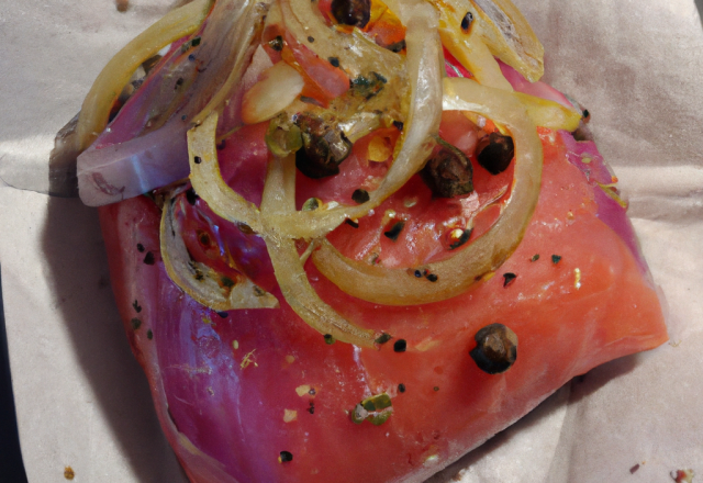 Papillote de saumon sur lit de tapenade et oignon rouge