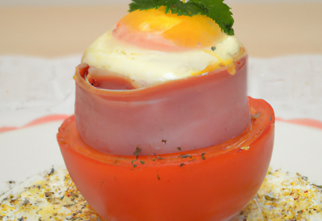 Tomate farcie au jambon et œuf cocotte