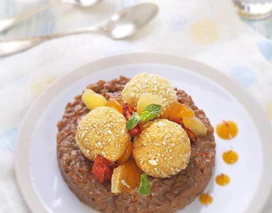 Cromesquis de kaki, riz au lait chocolaté