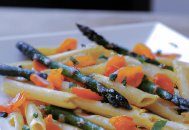 Penne à l'encre de seiche, asperges, saumon et safran