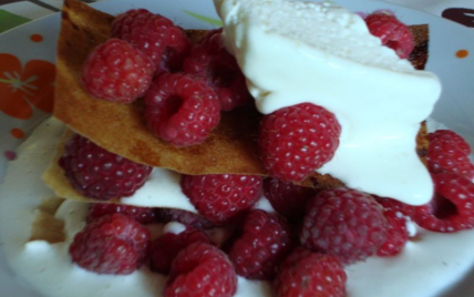 Millefeuille de framboises du jardin, mi glace chocolat blanc