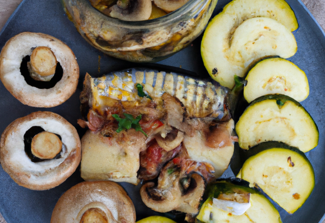 Poisson vapeur et sa Verrine de coquillettes et champignon et lit de courgettes