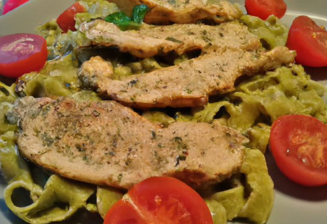 Escalopes de porc panées tagliatelle pesto et tomate fraiche