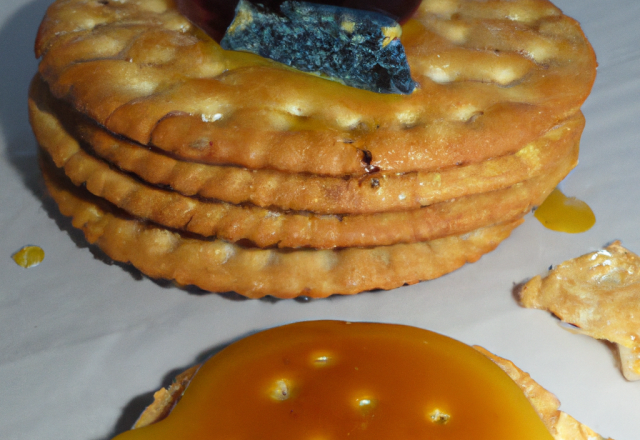 Bleu de Gex Haut-Jura au caramel de miel sur crackers au cumin