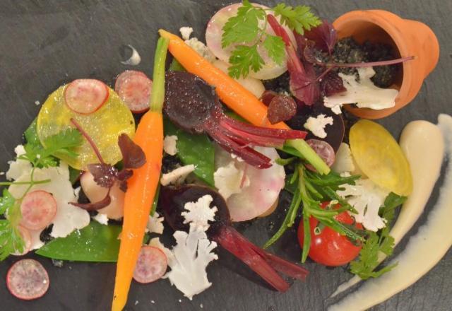 Légumes primeurs dans leur pot de terre, crème de yaourt et vinaigrette