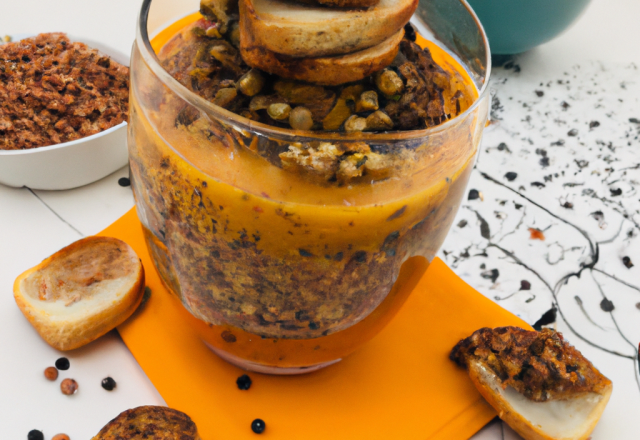 Verrine de lentilles à la fourme d'Ambert, fricassée de dinde et croutons de pain d'épices