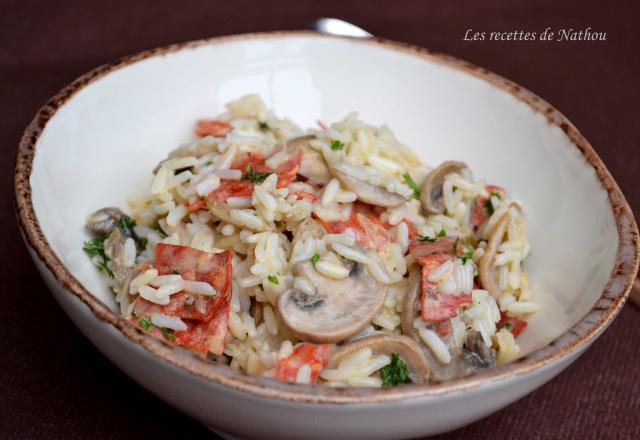 Riz crémeux aux champignons de paris et chorizo