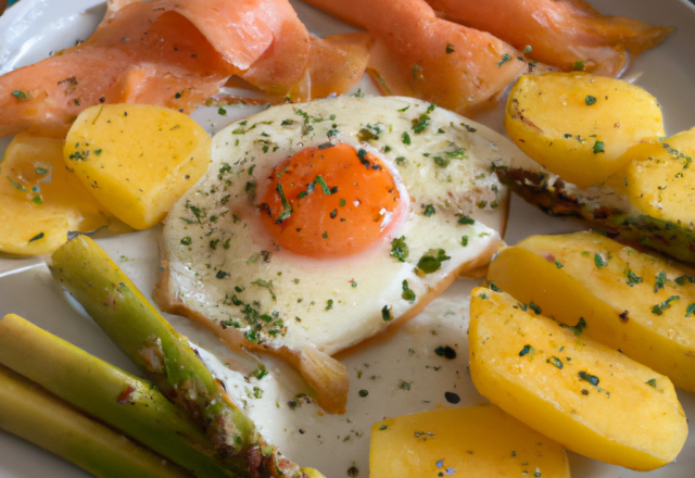 Œuf basse température, asperges, saumon et pommes de  terre