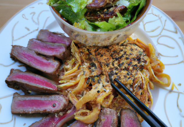 Salade de nouilles Udon et magret de canard aux graines de sésame grillées