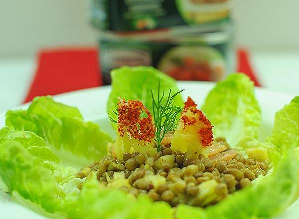 Salade de lentilles, ananas et dés de saumon