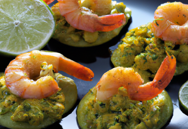 Corolles de guacamole, gambas sautées au curcuma et citron vert