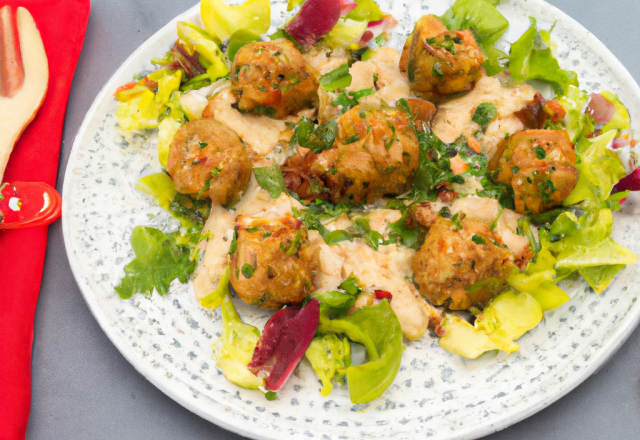 Boulettes de poulet, sauce aux cacahuètes et salade d'herbes