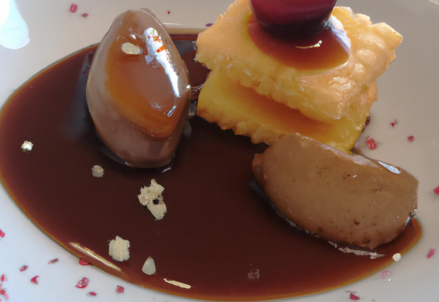 Foie gras poêlé et chutney de poire, copeaux de chocolat au fructose