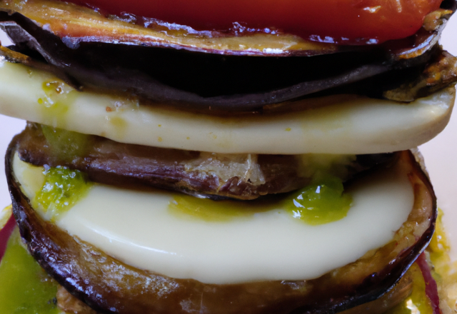 Mille-feuilles de tomate, aubergines grillées, mozzarella et sa sauce pesto