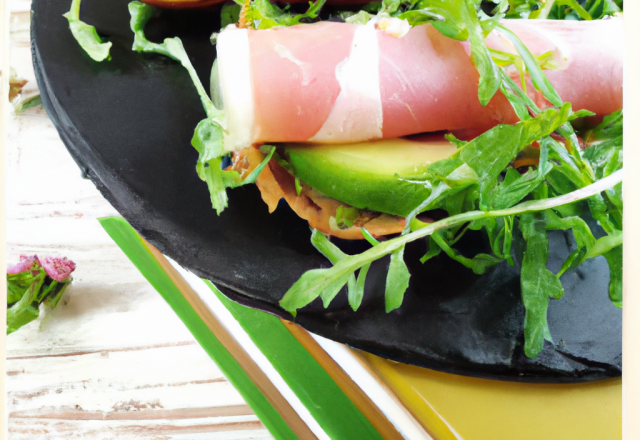 Roquette au jambon cru et la mousse d'avocat