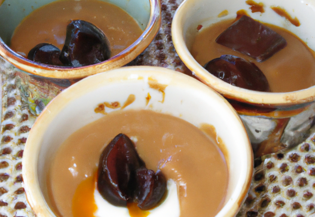 Petits chaudrons de pot de crème à l'Armagnac, pruneaux gorgés et sirop