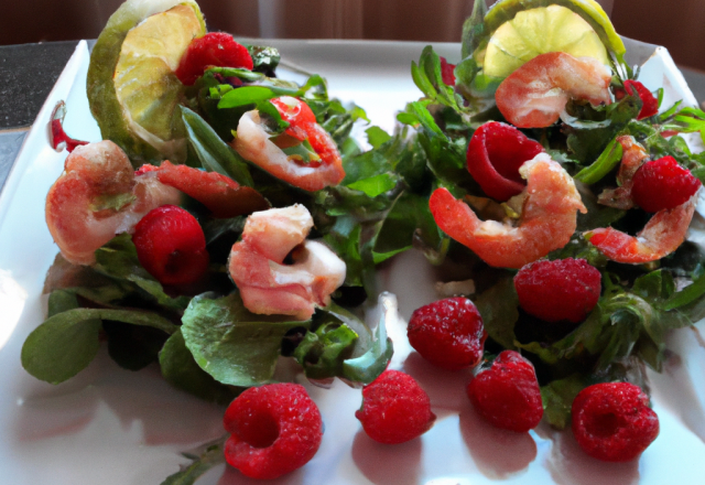 Coupes de salade crevettes et framboises