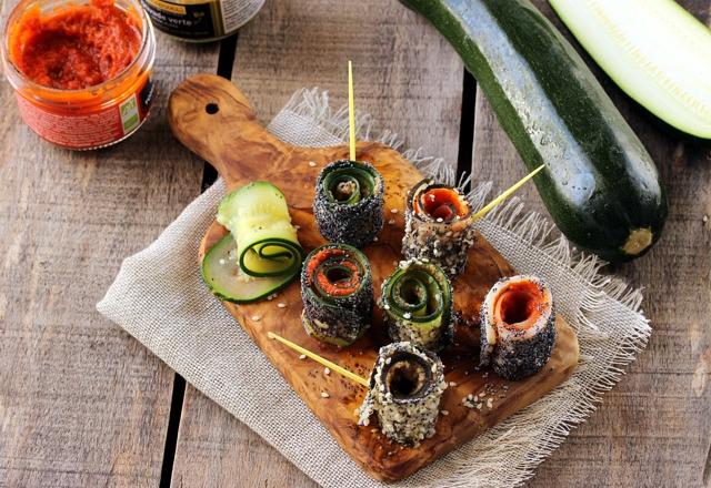 Makis de courgette et radis noir, olivade et délice de tomate séchée.