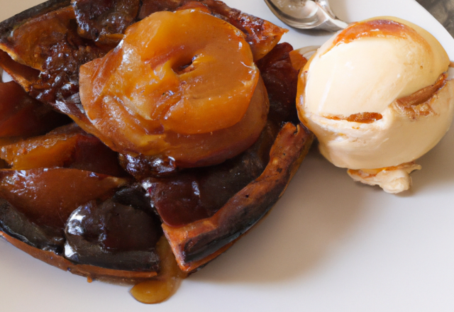 Tarte tatin de pêches rôties et son sorbet au chocolat au lait