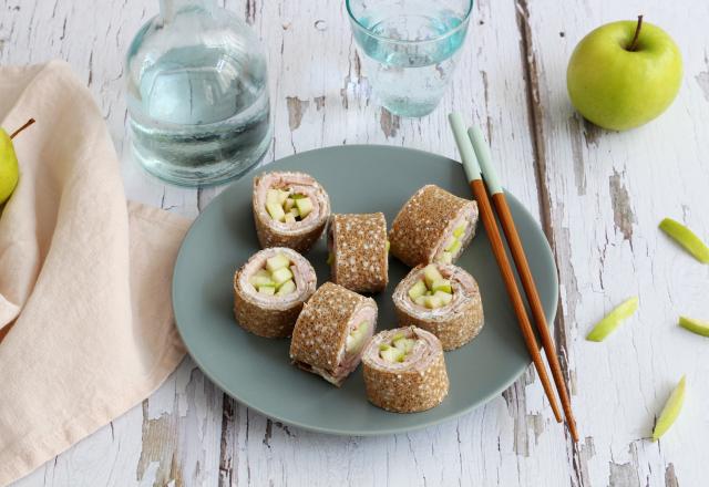 Makis de galettes de sarrasin à la pomme verte et rôti de porc