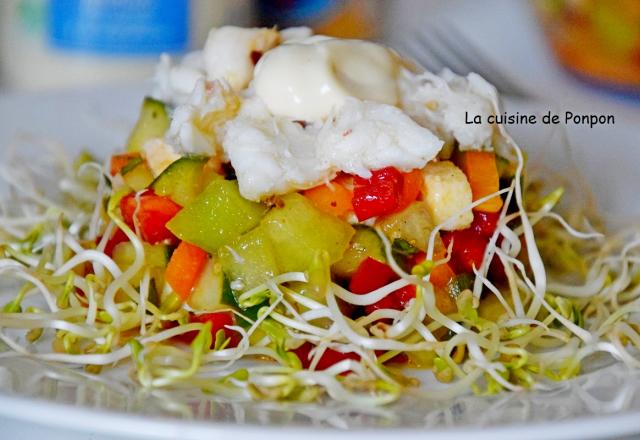 Salade de concombre, melon, poivron, mozzarella et crabe