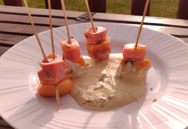 Brochettes de saumon et lotte au sabayon